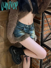 Lunivop Fur Feather Patchwork Denim Shorts Women 2024 Sexy High Street Jean Female Tassel Hem